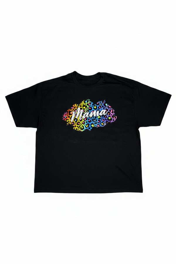Black t-shirt with colorful 'Mama' design on a white background