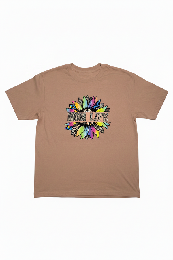 Brown t-shirt with colorful 'FLUFF' design on a white background