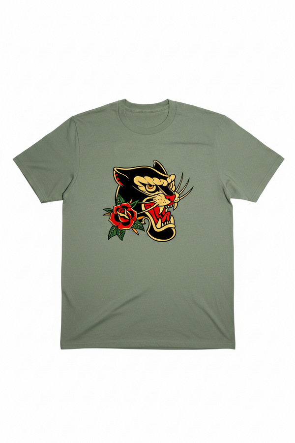 Green t-shirt with a panther and rose design on a white background