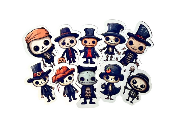Skeleton Halloween Planner Stickers, Waterproof Glossy Vinyl, Autumn Theme (10 Pack)