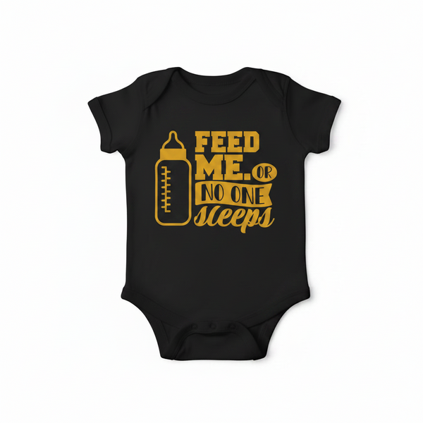 Black baby onesie with yellow text and bottle graphic on a white background