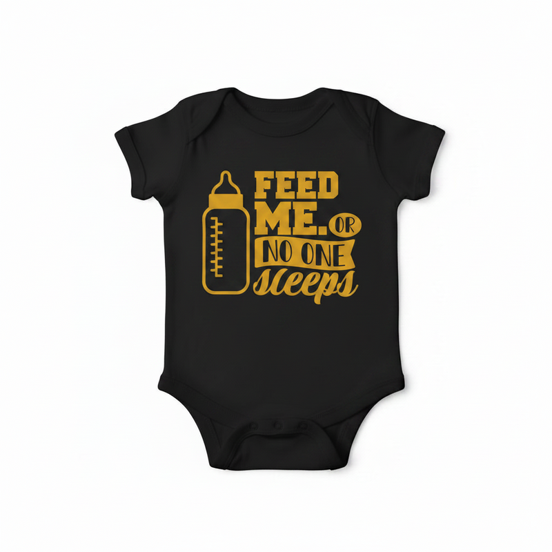 Black baby onesie with yellow text and bottle graphic on a white background