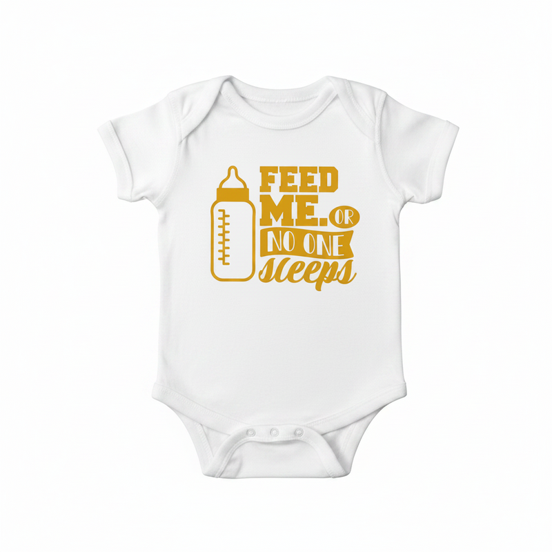 White onesie with yellow bottle graphic and text 'Feed Me or No One Sleeps' on a white background