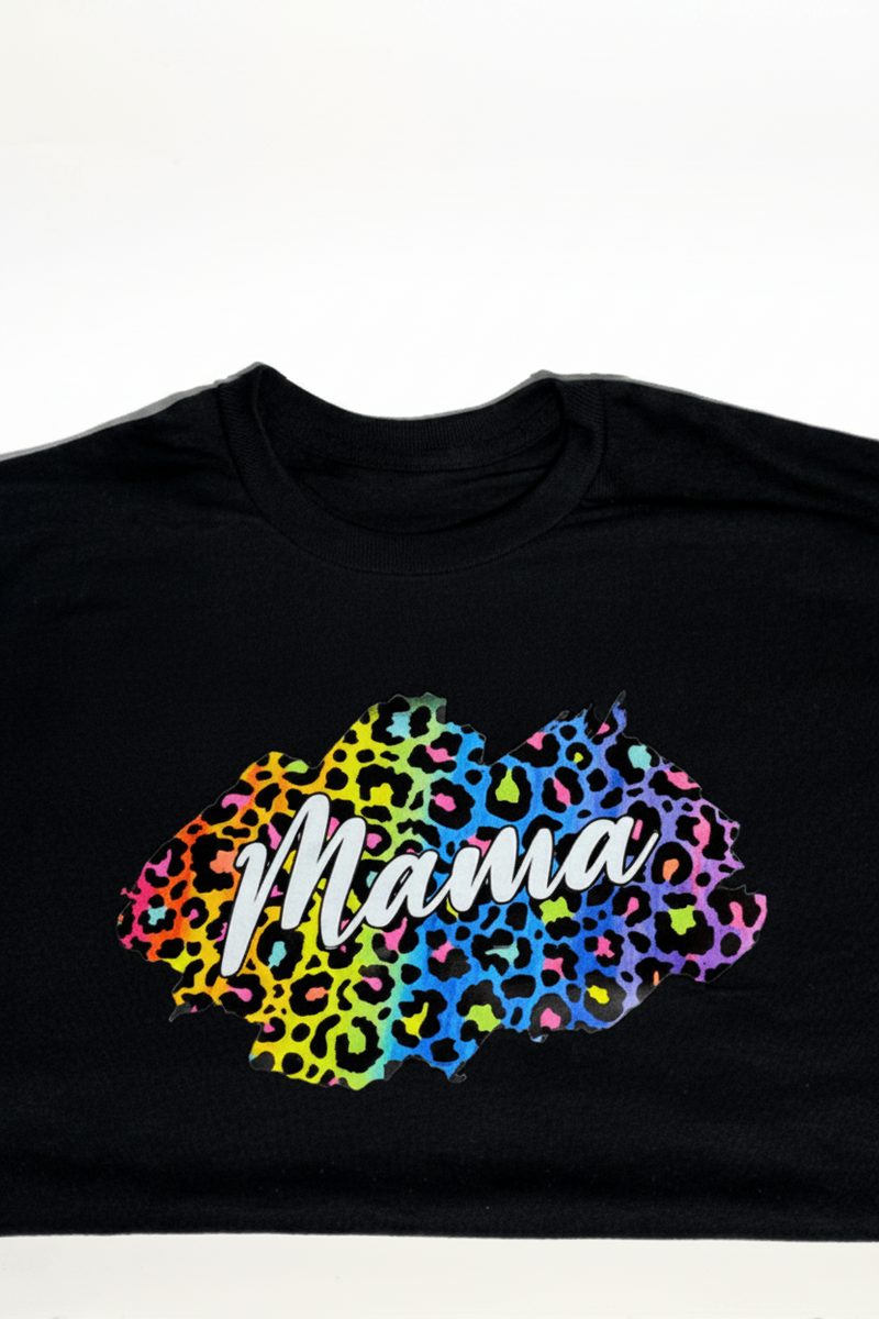Black t-shirt with colorful 'Mama' design on a white background