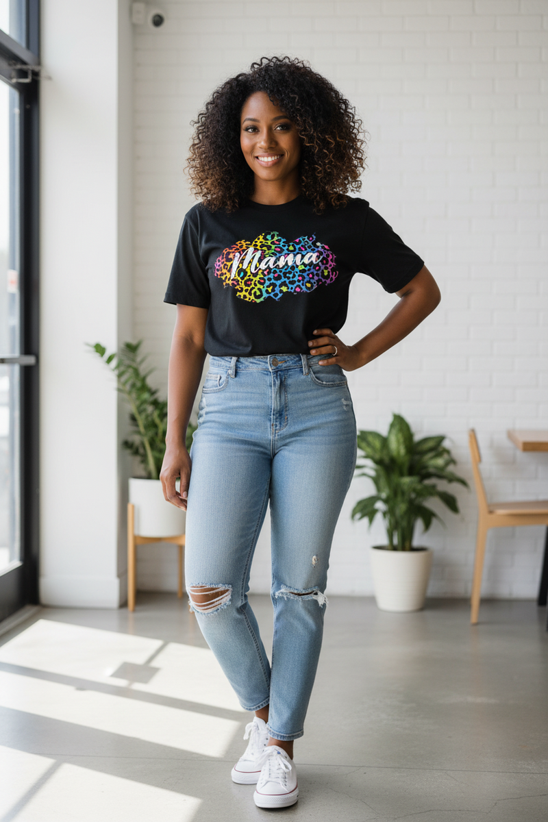 Woman wearing a black t-shirt with colorful design and text, light blue jeans, and white sneakers in a modern indoor setting.