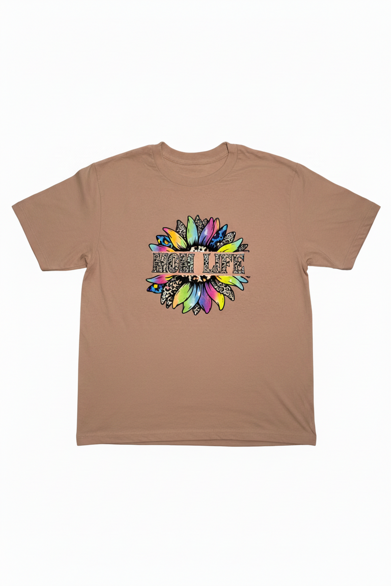 Brown t-shirt with colorful 'FLUFF'  design on a white background