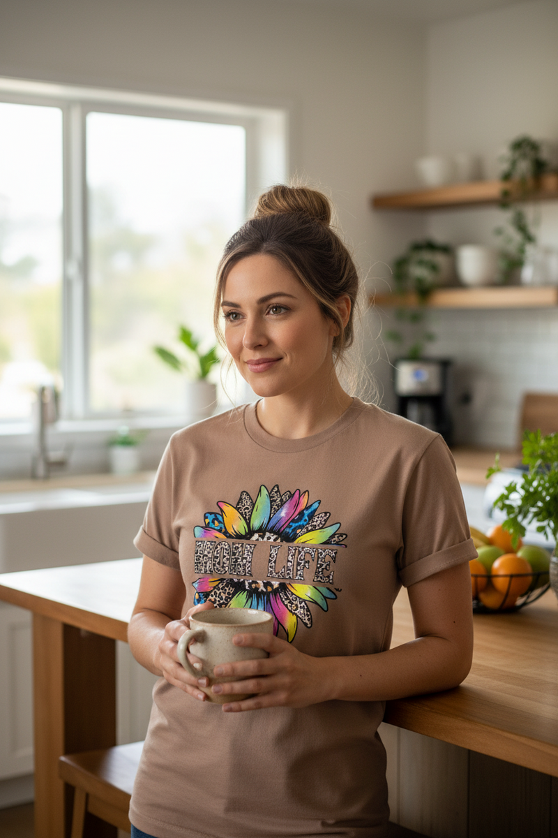 Brown t-shirt with colorful 'FLUFF' design on a white background