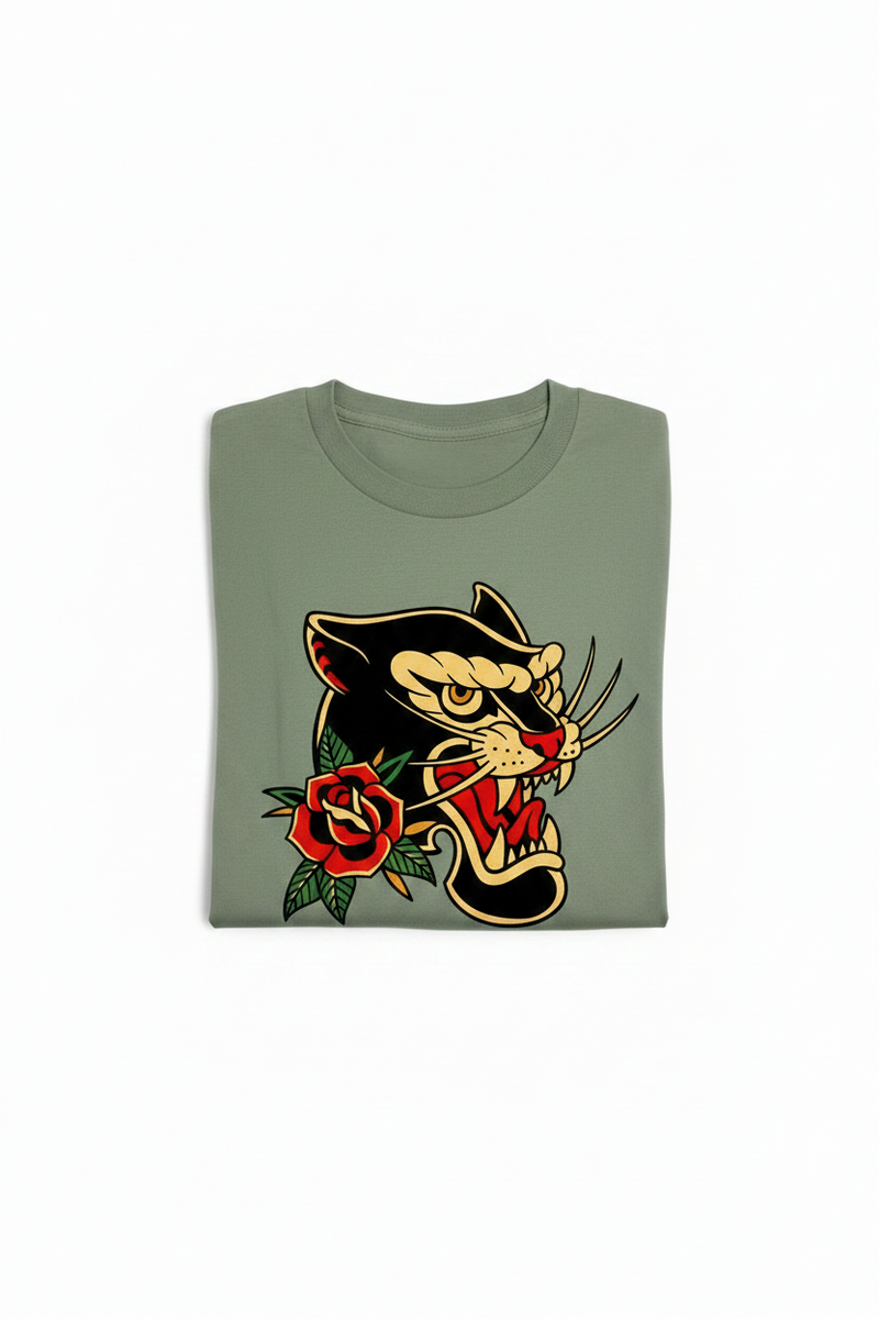 Green t-shirt with a black panther and red rose design on a white background