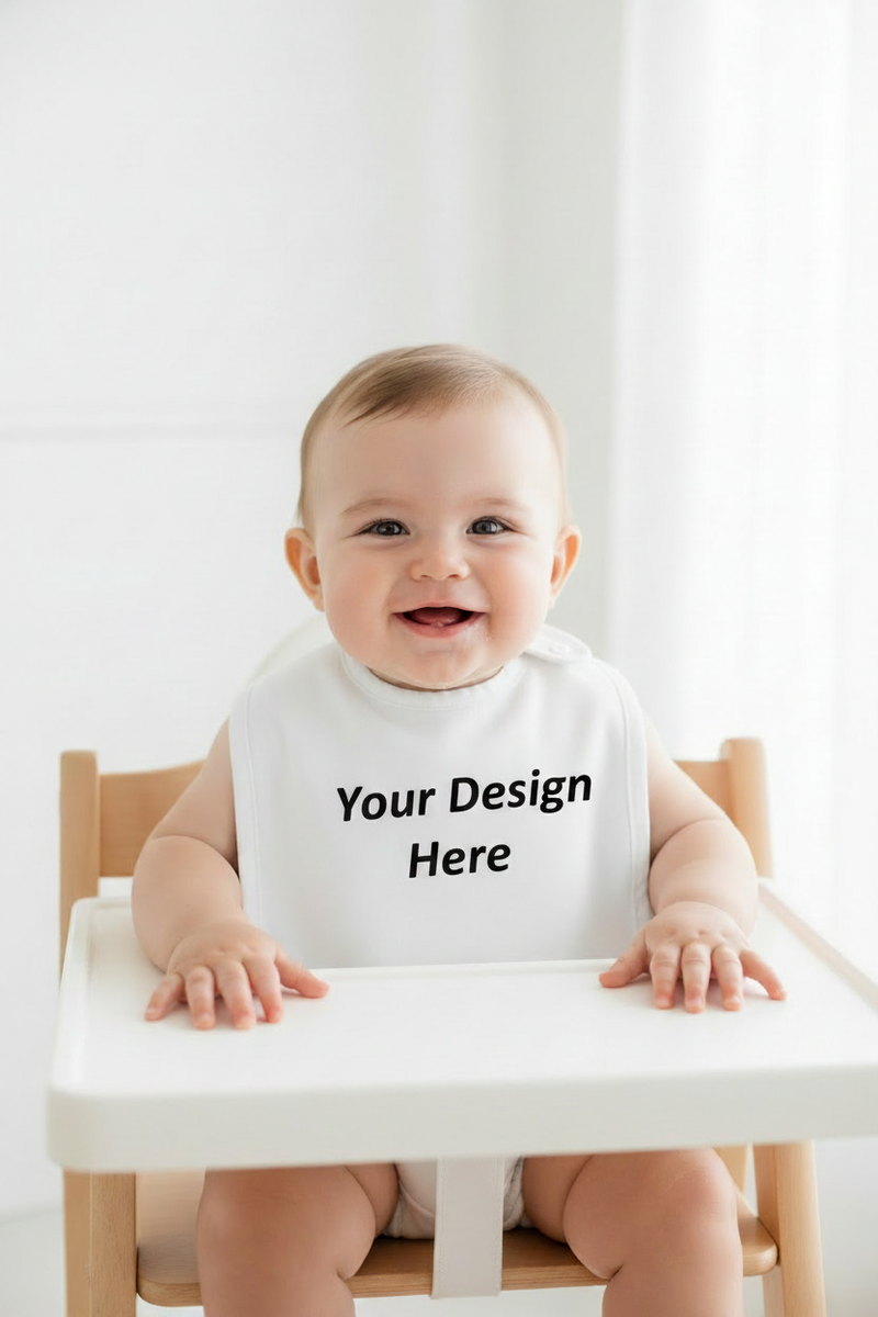 Baby sitting in a high chair wearing a bib with customizable text.