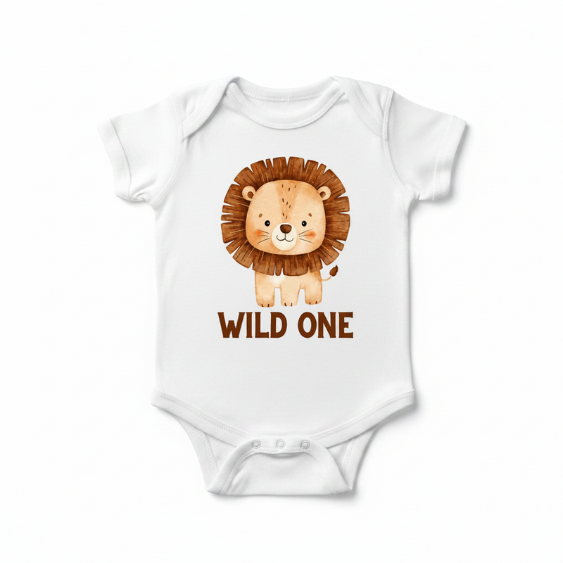 White onesie with a lion graphic and 'Wild One' text on a white background