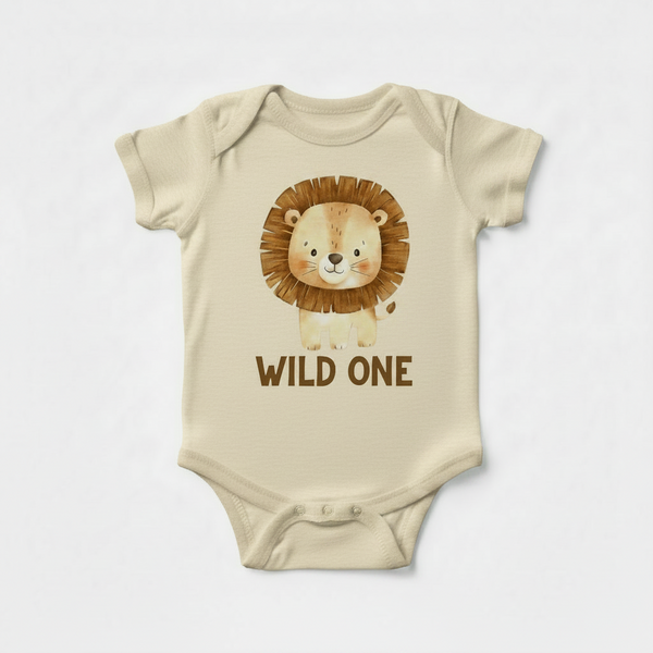 Beige baby onesie with a lion graphic and 'Wild One' text on a white background