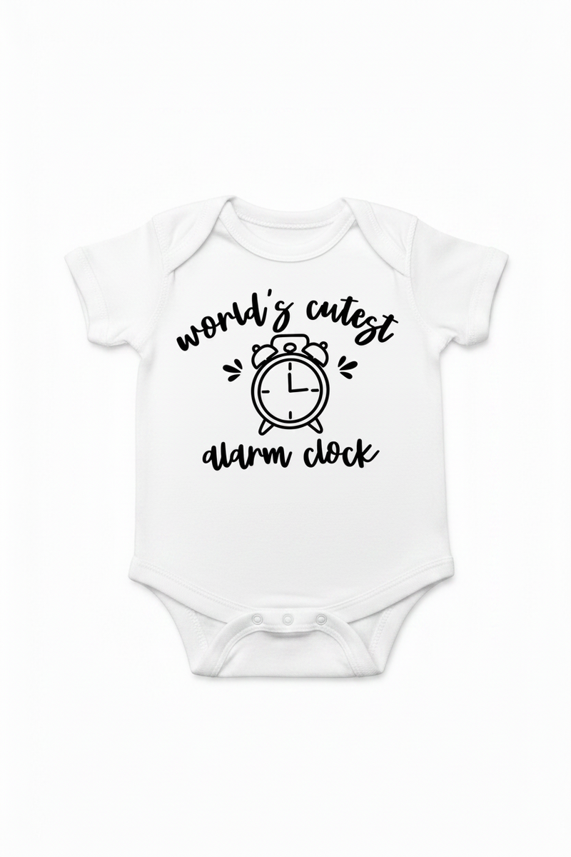 White onesie with black text and alarm clock graphic on a white background