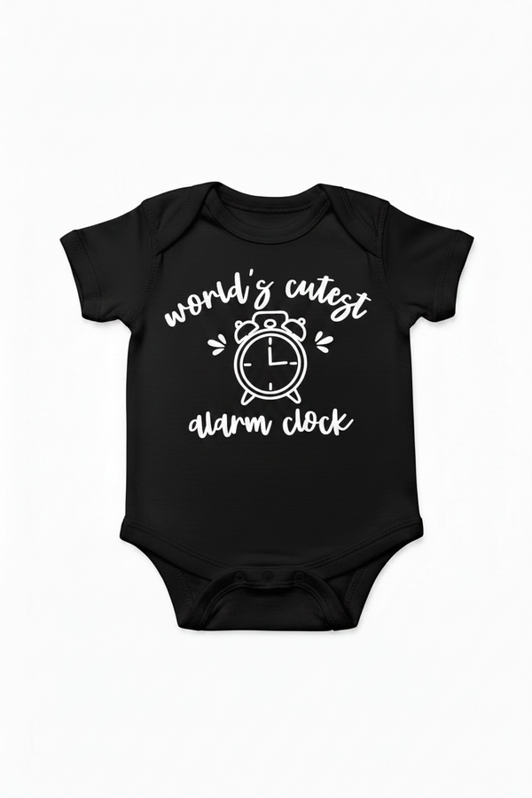 Black onesie with black text and alarm clock graphic on a white background