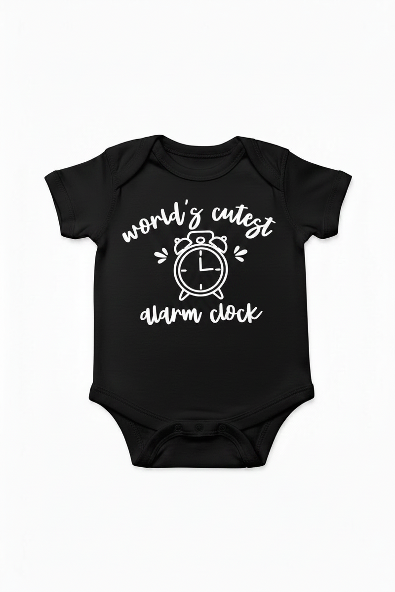 Black onesie with black text and alarm clock graphic on a white background