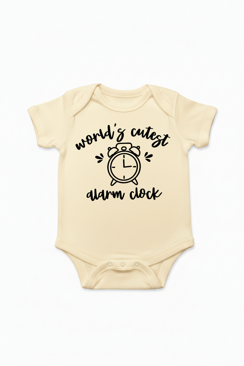 Banana color onesie with black text and alarm clock graphic on a white background