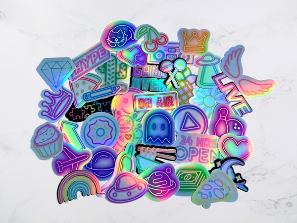 40-Pack Neon Holographic Vinyl Stickers, Waterproof Glossy Decals