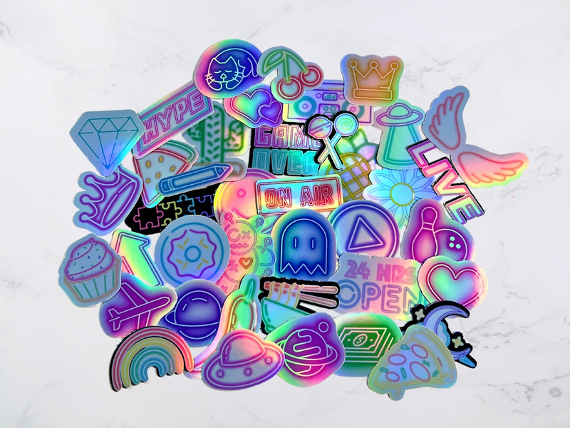 40-Pack Neon Holographic Vinyl Stickers, Waterproof Glossy Decals